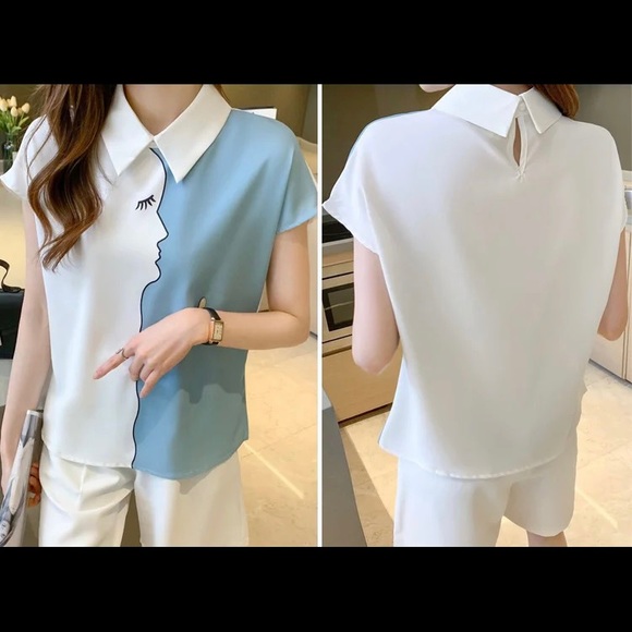 Women’s Elegant Casual Printed Top | Blouse with Stand Collar and Short Sleeve - Picture 5 of 8
